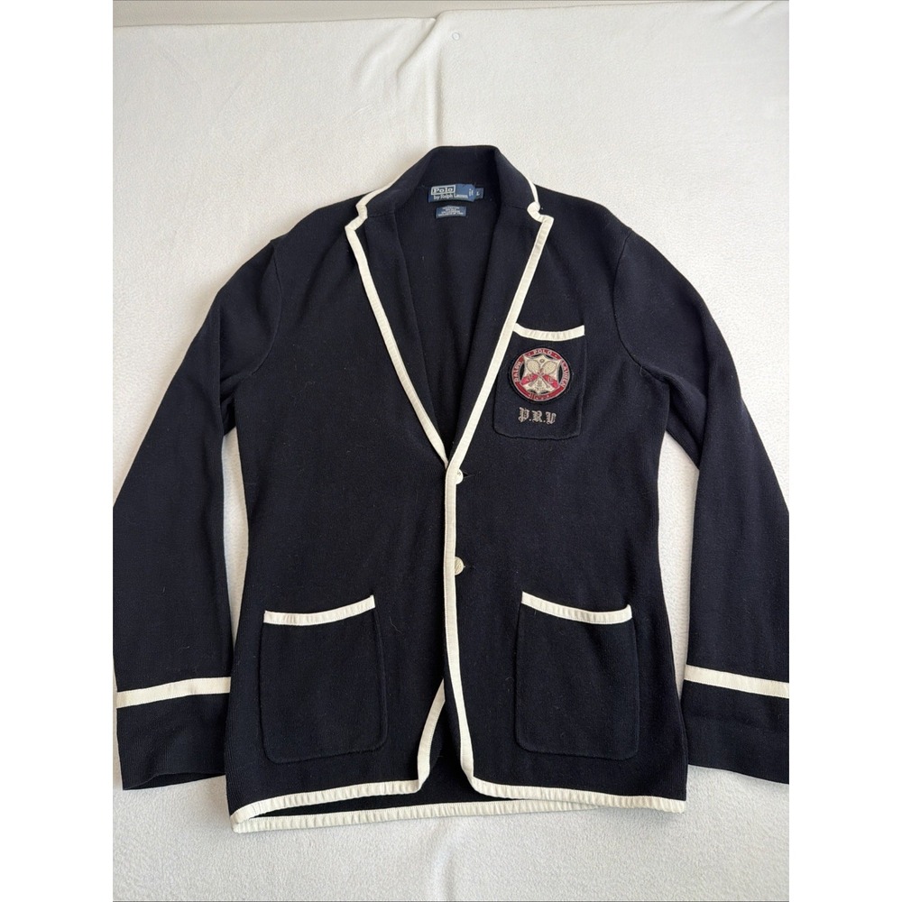 Polo Ralph Lauren Mens Large Tennis Blazer Silk Cashmere Cotton Crest Navy